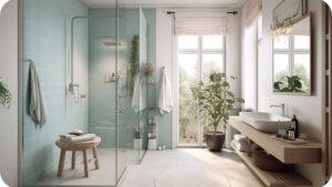 Modern bathroom interior featuring walk-in glass shower, soft blue tiles, wooden vanity unit, indoor plants, and natural daylight.